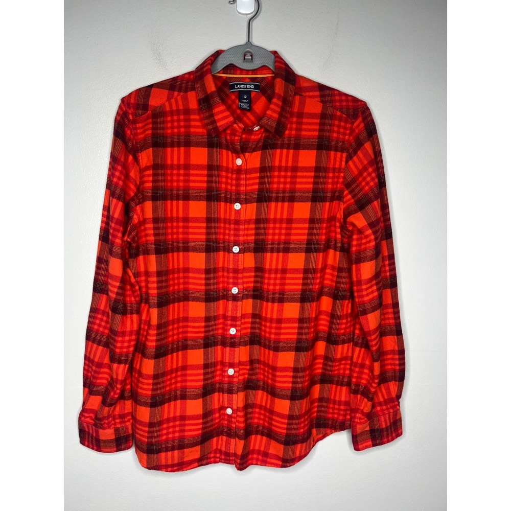 Lands End Orange Red Plaid Flannel Button Down Shirt Women's 12 Long Sleeve